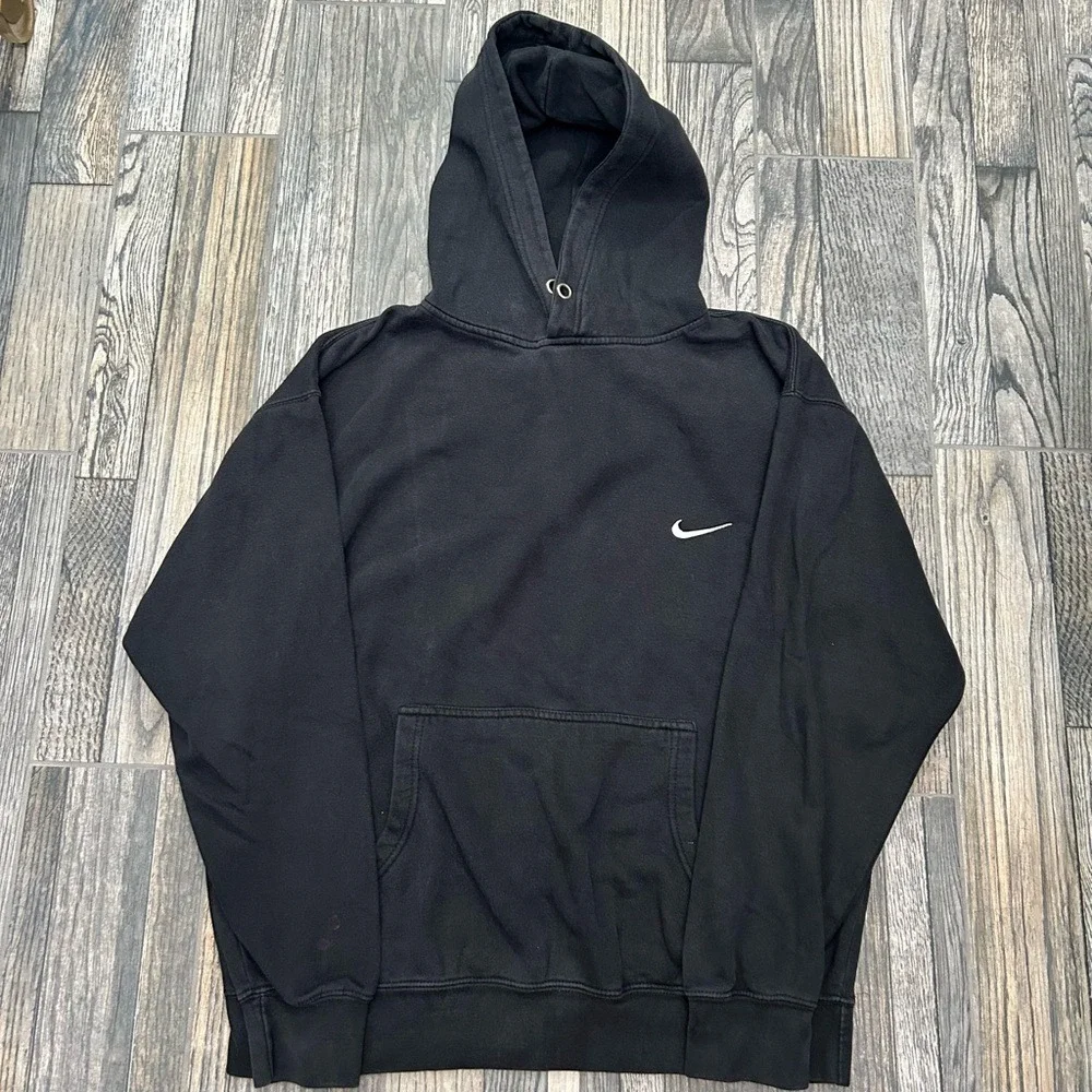 🔥🔥Vintage NIKE Essential Black Embroidered Swoosh‎ Hoodie Men Sz Lg - GUC